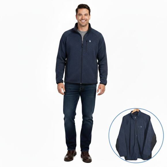 US Polo Assn Men Sz XXL Knit Jacket Full Zip Blue Pockets Sporty Casual Active - Picture 1 of 12